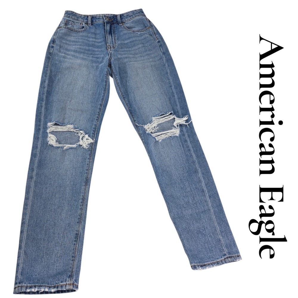 American Eagle Mom Jeans Womens 0 Blue Cotton Distressed High Rise Ripped Denim
